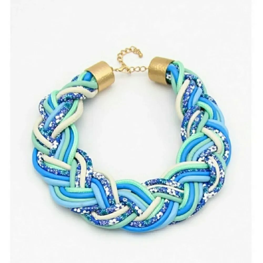 Blue Leather Floral Print Statement Necklace